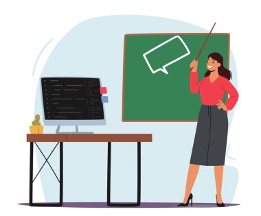 Yabancı Dil Öğretmeni Sınıf Öğrencilerine Pointer in Hand Rules ile Kara Tahtada Duruyor. Genç Kadın Özel Öğretmenler Ders ve Eğitim Üzerine Resmi Elbiseler Giyer. Çizgi film İnsanları Vektör İllüstrasyonu