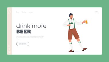 Geleneksel Alman Bira Festivali İniş Şablonu. Erkek Karakter Bavyera Kostümü Giyiyor Elde Bira Tankard Oktoberfest Festivali 'nde. Çizgi film İnsanları Vektör İllüstrasyonu