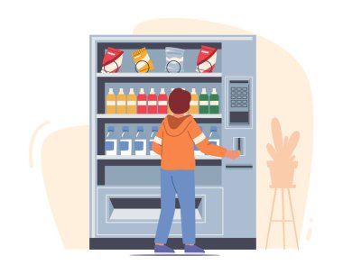 Çocuk, okul kafeteryasında abur cubur ya da içecek almak için madeni para koydu. Otomatik Gıda, Fast food Üretim Konsepti satmak için Otomatik Perakende Teknolojisi. Çizgi film İnsanları Vektör İllüstrasyonu