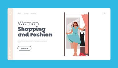 Kadın Alışveriş ve Moda İniş Sayfası Şablonu. Mağazadaki Giyinme Odasında Giyinmeye Çalışan Genç Kadın Karakteri, Dükkanda Aynalı Kulübedeki Yeni Elbise Standı. Çizgi film Vektör İllüstrasyonu