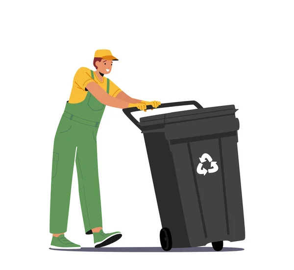 制服プルリタービンでスカベンジャー ごみと廃棄物の再資源化 都市清掃サービス業務プロセス 従業員清掃ゴミとゴミを路上のリサイクルビンに入れます 漫画ベクターイラスト — ストックベクタ