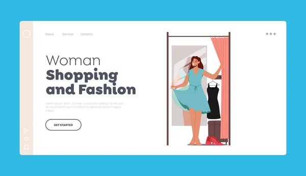 Vrouw Winkelen Fashion Landing Page Template Jonge Vrouwelijke Karakter Proberen — Stockvector