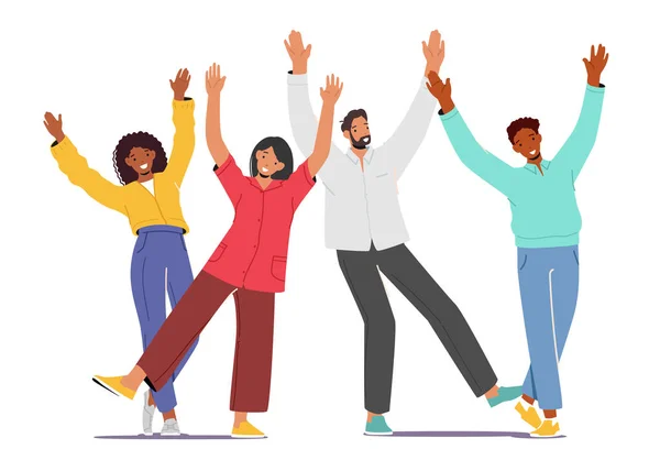 Happy People Raising Waving Hands Jeunes Personnages Multinationaux Masculins Féminins — Image vectorielle