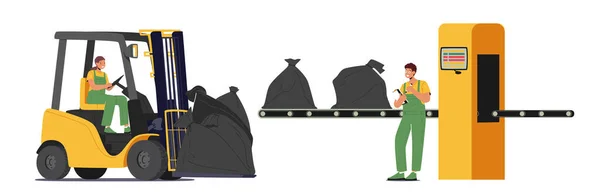 Recycling Von Abfällen Technologischer Fertigungsprozess Arbeiter Beladen Und Sortieren Müll — Stockvektor