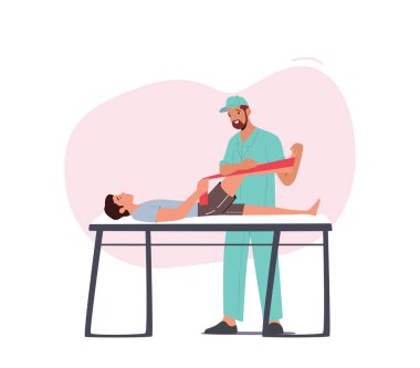 Tıbbi Rehabilitasyon, Fiziksel Terapi Faaliyetleri ve Prosedürler. Yaralı Hasta ile Fizyoterapist Çalışması Kanepeye Uzanıp Genişleme Eğitimi Yapıyor. Çizgi film İnsanları Vektör İllüstrasyonu