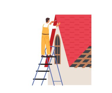 Çatı tamircisi konutun çatı inşaatını yeniledi. İşçi Karakteri Merdiven İdaresi Çatı İşleri, Çatı Tamiri, Marangoz Malzemeleri ile Tiling Evi. Çizgi film Vektör İllüstrasyonu