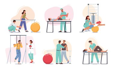 Set of People Applying Rehabilitation. Therapist Character Working With Disabled Patients, Rehabilitating Physical Activity during Physiotherapy Procedures in Clinic, Cartoon Vector Illustration clipart