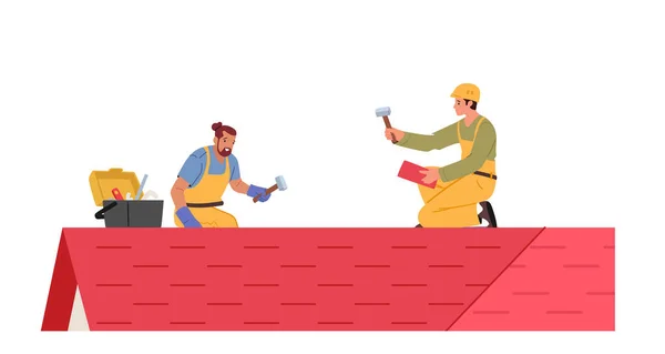 Erkekler Çatı Çatı Aletleri Tiling Konutları Nın Çatısı Çalışan Daireler — Stok Vektör