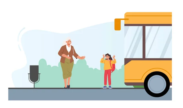 Mensen Busstation Senior Vrouwelijke Passagier Schoolmeisje Karakters Wachtend Pendelvervoer Stadslandschap — Stockvector