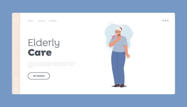 Huzur Evi İniş Şablonu. Kardiyoloji Hastalığı Tutan Göğüs Hastalığı Senatörü. Yaşlı Kadın Göğüs Ağrısı, Kalp Hastalığı, Aritmi. Çizgi film İnsanları Vektör İllüstrasyonu