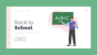 Okul İniş Şablonu 'na dönüyoruz. Erkek Öğretmen Tahtada Duruyor Öğrencilere Matematiği Açıkla. Hoca Erkek Karakteri Chalkboard 'da Resmi Giysiler Giyin. Çizgi film İnsanları Vektör İllüstrasyonu