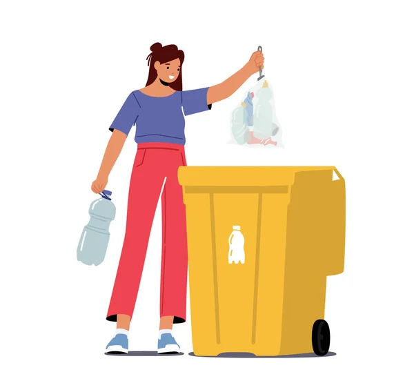 Plastic Reuse Recycling Solution Female Character Throw Trash Litter Bin — Stock Vector
