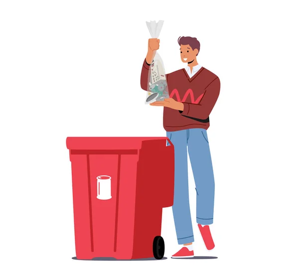 Young Man Throw Bag Metal Litter Recycle Trash Bin Street — Stock Vector