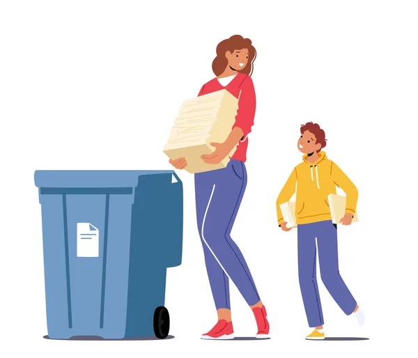 Mãe Filho Jogam Lixo Recipientes Com Sinal Para Reciclar Papel —  Vetores de Stock