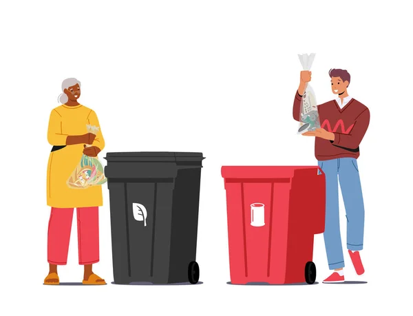 City Dwellers Sorting Trash Pessoas Jogam Lixo Recipientes Para Resíduos —  Vetores de Stock
