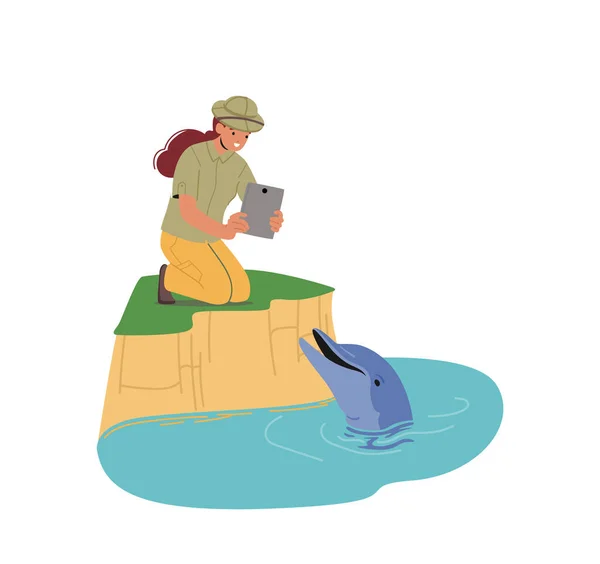 Ocean Fauna Naukowiec Lub Zoolog Kobieta Postać Fotografowanie Delfin Tablet — Wektor stockowy