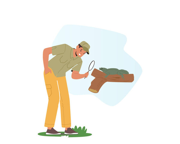 Ученый-натуралист исследует фауну в естественной среде обитания. Зоолог Мужской персонаж Глядя на ящерицу через увеличительное стекло. Человек-натуралист обучающийся животному. Вектор карикатурных людей