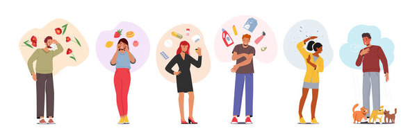 Allergy Diagnosis Concept, Male and Female Allergic Characters with Reaction on Flowers, Medicine, Seasonal Pollen, Cats, Food and Insects. People Sneezing and Scratching. Cartoon Vector Illustration
