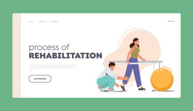 Rehabilitasyon Süreç İniş Şablonu. Doktor hastanın yaralanmasından sonra yürümesine ya da fizik tedavi sırasında ameliyat olmasına yardım ediyor. Özürlü Kişilik Tedavisi. Çizgi film İnsanları Vektör İllüstrasyonu