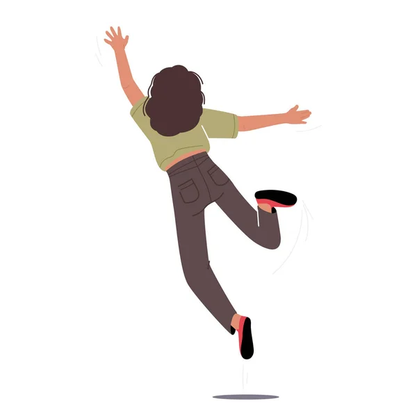 Happy Young Female Character Jumping Retrovisore Mozione Salto Della Donna — Vettoriale Stock