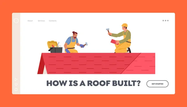 Roofers Construction Workers Landing Page Template Inglés Hombres Con Herramientas — Vector de stock