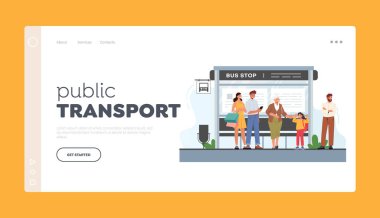 Yolcular toplu taşıma hizmeti iniş sayfası şablonu kullanıyor. Otobüs durağında bekleyenler, Erkekler, Kadınlar, Büyükanne ve Çocuk Karakterleri Dışarıdaki Banliyö Nakliye İstasyonunda. Çizgi film Vektör İllüstrasyonu