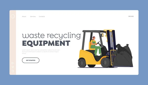 Πρότυπο Σελίδας Εκφόρτωσης Εξοπλισμού Ανακύκλωσης Αποβλήτων Έννοια Κατασκευής Απορριμμάτων Γυναίκα — Διανυσματικό Αρχείο