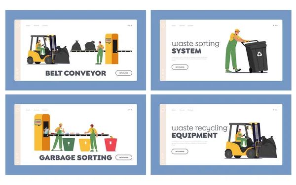 Wastes Recycle Factory Landing Page Sablon Készlet Karakterek Dolgozó Hulladék — Stock Vector