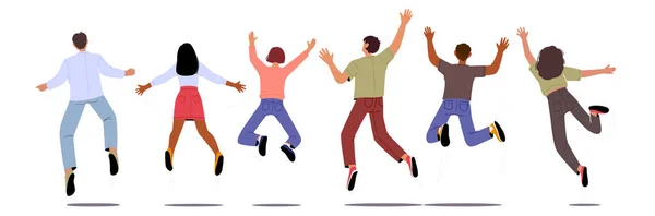 Multinational Happy People Jumping Raising Waving Hands Rear View Jeunes — Image vectorielle