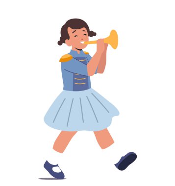 Yürüyüş, Fuar ya da Okul Konseri sırasında Üniformalı Kız Boynuzlu Müzik Festivali 'nde. Aletleri Beyaz Arkaplanda İzole Edilmiş Çocuk Karakteri. Çizgi film İnsanları Vektör İllüstrasyonu