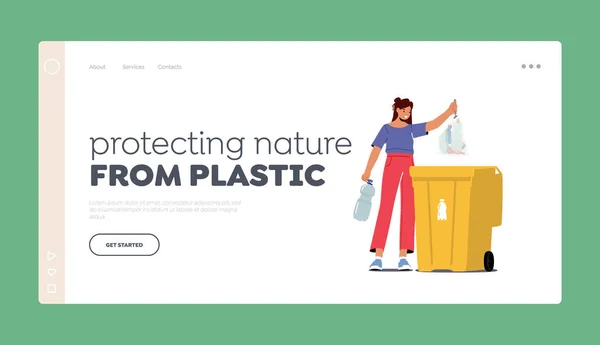 Plastic Reuse Recycling Solution Landing Page Template Female Character Throw — Stock Vector