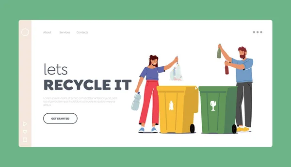 Litter Sorting Recycling Segregation Concept Landing Page Template People City — Stock Vector