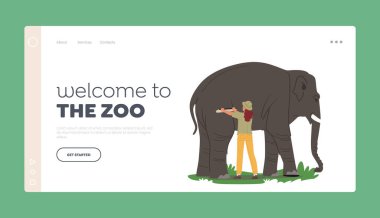 Hayvanat Bahçesi İniş Şablonu 'na hoş geldiniz. Zoolog kadın karakter temizleyici fırçalı fil derisi. Doğa bilimci ya da Hayvan Bakıcısı Bakımı ve Vahşi Hayvanları İnceleme. Çizgi film İnsanları Vektör İllüstrasyonu