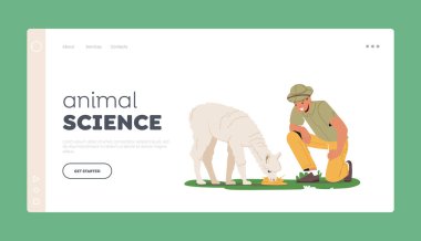 Hayvan Bilimi İniş Şablonu. Zoolog Doğal Yaşam Alanında Hayvanları İnceleme. Doğa bilimci Lama Evsiz Hayvanlar Yaradılışını Keşfedip Araştırıyor. Çizgi film İnsanları Vektör İllüstrasyonu