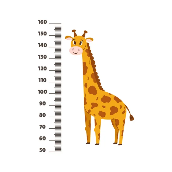 带卡通长颈鹿的儿童身高测量仪有趣的非洲动物 刻度表 儿童身高测量生长图 具有可爱性格婴儿的隔离墙板 病媒图解 — 图库矢量图片