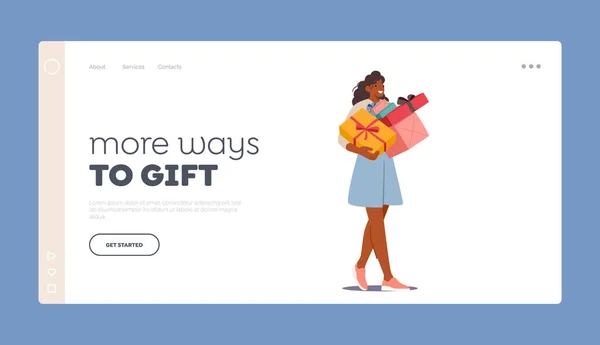 Κορίτσι Πρότυπο Giftboxes Landing Page Γυναικεία Character Holding Δώρα Για — Διανυσματικό Αρχείο