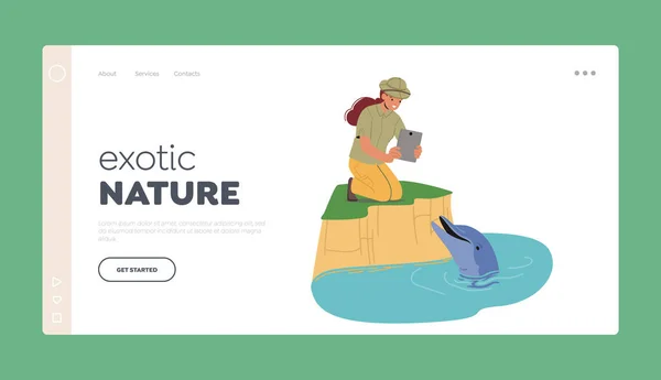 Exotic Nature Landing Page Template Oceán Fauna Vědec Nebo Zoolog — Stockový vektor