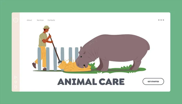 Modello Pagina Destinazione Cura Degli Animali Zoo Worker Maschio Personaggio — Vettoriale Stock