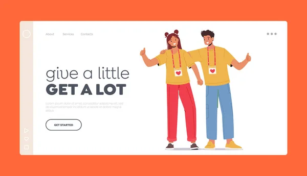 Happy Volunteers Team Landing Page Template Personajes Del Servicio Caridad — Archivo Imágenes Vectoriales