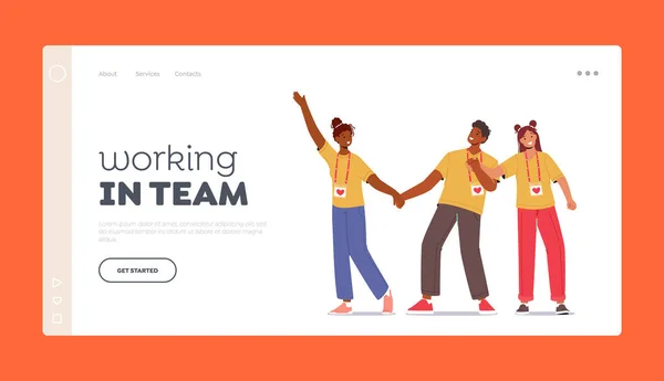 Team Landing Page Sablonban Dolgozom Örömteli Önkéntesek Feltartott Kézzel Boldog — Stock Vector