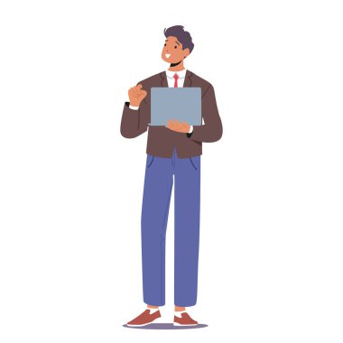 Dizüstü bilgisayarı olan iş adamı, güler yüzlü erkek karakter beyaz arka planda tek başına resmi kıyafet giyiyor. Tezgahtar, koç, müdür ya da tek kişilik patron. Çizgi film Vektör İllüstrasyonu, Klip Sanatı