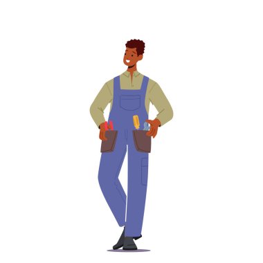 İşçi, farklı aletleri olan tamirci bozuk teknisyenleri tamir ve onarım için ceplerinde. İnsan Esirgeme Kurumu çalışanı, tecrit edilmiş Usta Erkek Karakter. Çizgi film İnsanları Vektör İllüstrasyonu