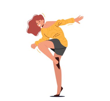 Pozitif Heyecanlı Kadın Eğlencesi, Gece Hayatı, Aktif Boş Zaman, Kulüp Partisi. Gece kulübünde dans eden ve disko zemininde zıplayan genç kız beyaz arka planda izole edildi. Çizgi film İnsanları Vektör İllüstrasyonu