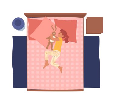 Küçük Kız Yatakta Uyuyor, Oyuncak Bebek Üst Manzarası. Bebek Karakteri Evde Rahat Uyuma Yeri 'nde Rahat Yerde Yatıyor. Çocuk Gecesi Rahatlaması, Yatak Odasında Uyku. Çizgi film İnsanları Vektör İllüstrasyonu