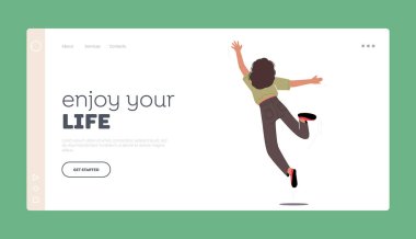 Neşeli Kız Heyecanlı Duygu, Yaşam İniş Sayfa Şablonu 'nun tadını çıkar. Mutlu Genç Kadın Karakteri Sıçrayan Arka Görünüm. El sallayan Ellerle Olumlu Kadın Atlama, Selamlama Hareketi. Çizgi film Vektör İllüstrasyonu