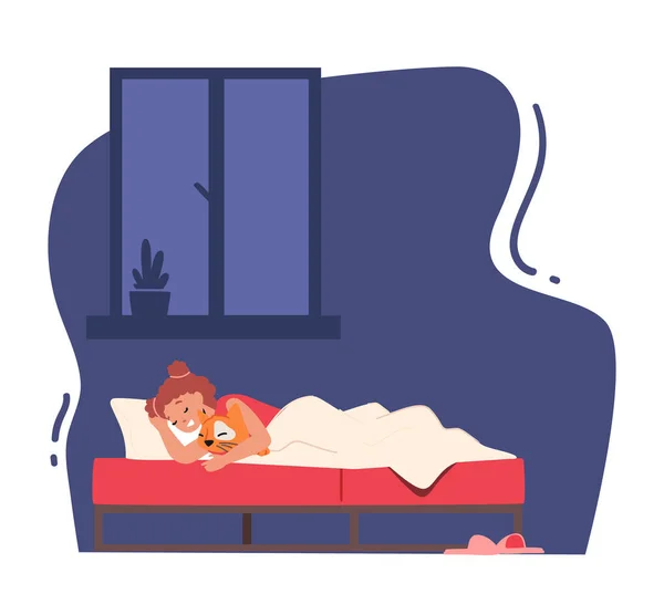 Kid Night Relaxation Nap Bedroom Menina Dormindo Cama Abraçando Toy —  Vetores de Stock