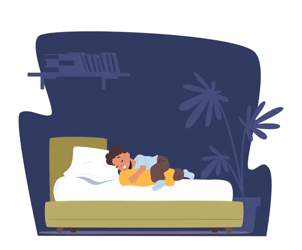 子供の夜のリラクゼーション 脚側ビューの間に枕でベッドの上で寝る子供 小さな男の子のキャラクターは 自宅で快適な睡眠場所にリラックスしたポーズに横たわっています 漫画人ベクトルイラスト — ストックベクタ