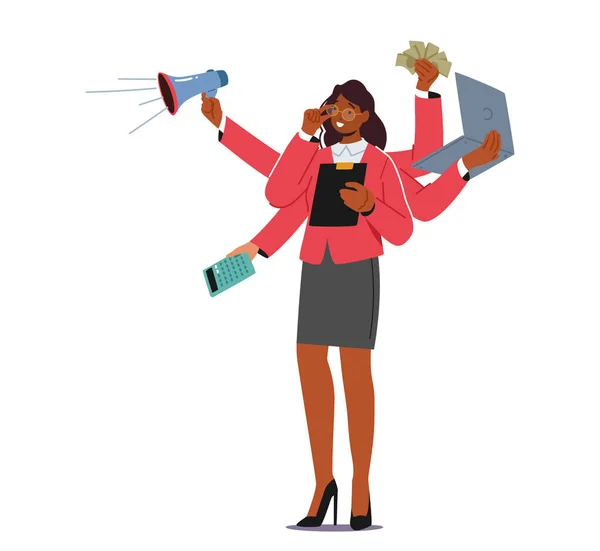 Effektive Geschäftsfrau Die Mehrere Aufgaben Bewältigt Multitasking Projektzeitmanagement Persönliches Produktivitätskonzept — Stockvektor