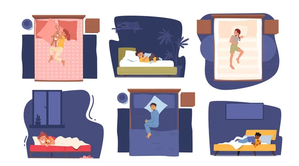 一组孩子睡在床头和侧视图上 松懈的幼儿性格躺在舒适的家睡觉的地方 晚上放松 婴儿在卧室的小睡 卡通人物矢量图解 — 图库矢量图片