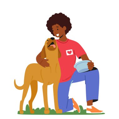 Dost Canlısı Kadın Gönüllü Karakteri Hayvan Barınağı 'nda veya Hayvan Barınağı' nda Beslenen Köpek. Sokakta Evsiz Köpeğe Yemek Veren Bowling oynayan Genç Afrikalı Amerikalı Kadın. Çizgi film Vektör İllüstrasyonu